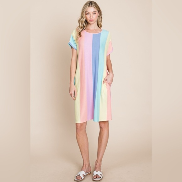 BOMBOM Striped Short Sleeve Dress with Pockets - Picture 6 of 6